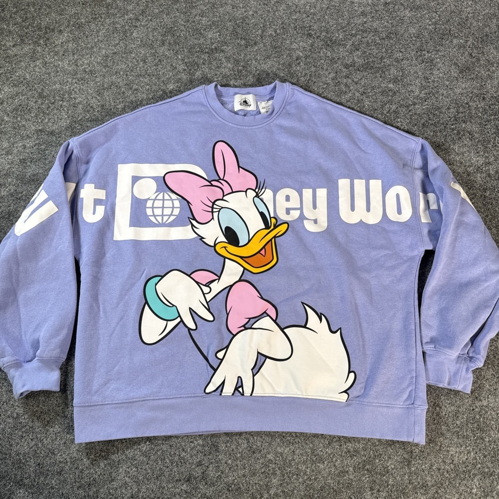 Walt Disney World Daisy Duck Purple Double Sided Sweatshirt Women's S Spellout
